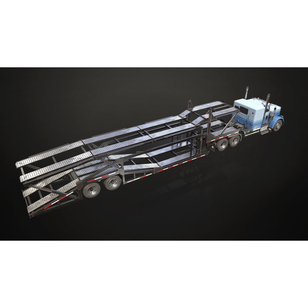 Flat Top Semi Truck 3D Model – Low Poly Car Carrier Trailer, FBX - View 5