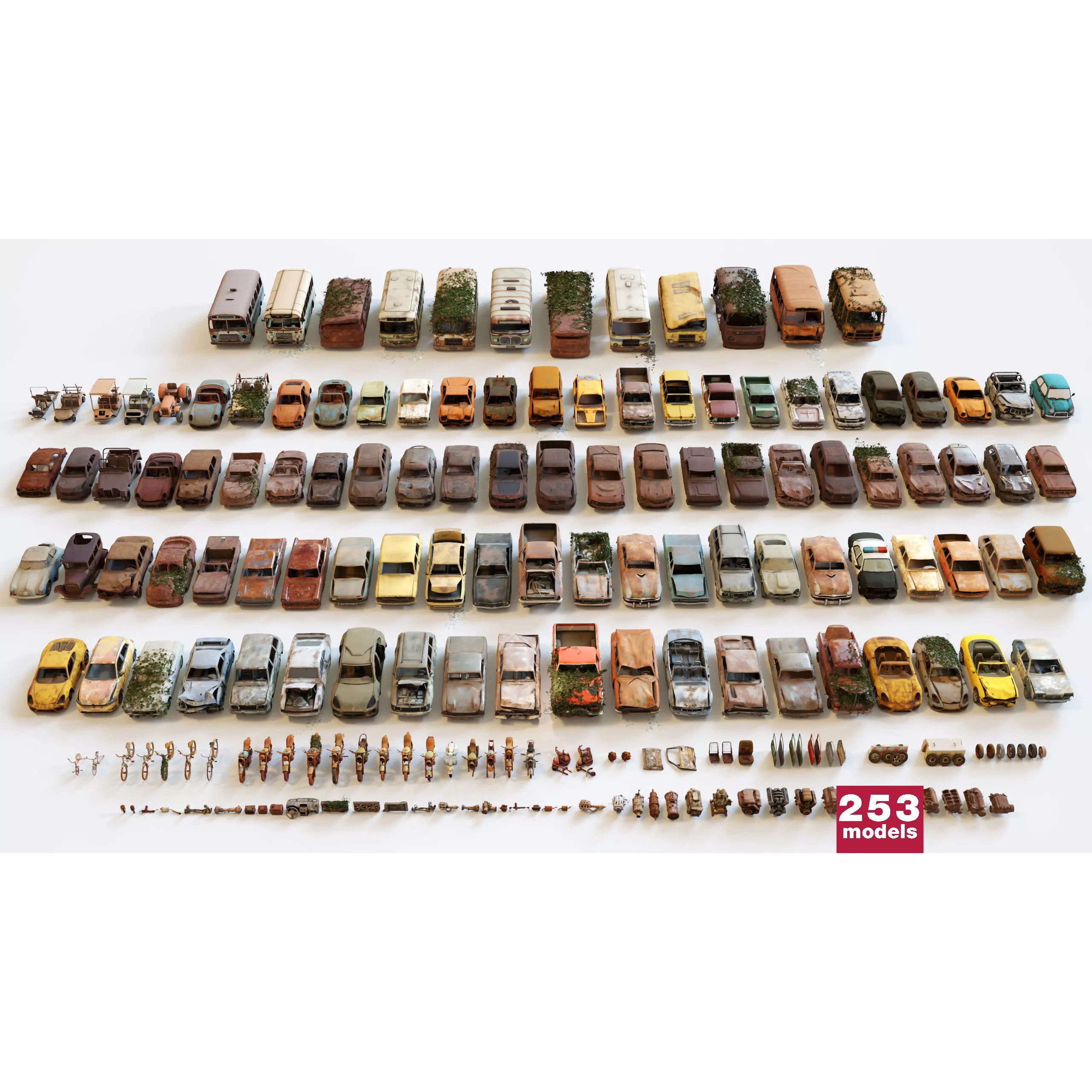 Old Abandoned Rusty Vehicles - Low-Poly Game-Ready 3D Model - View 2
