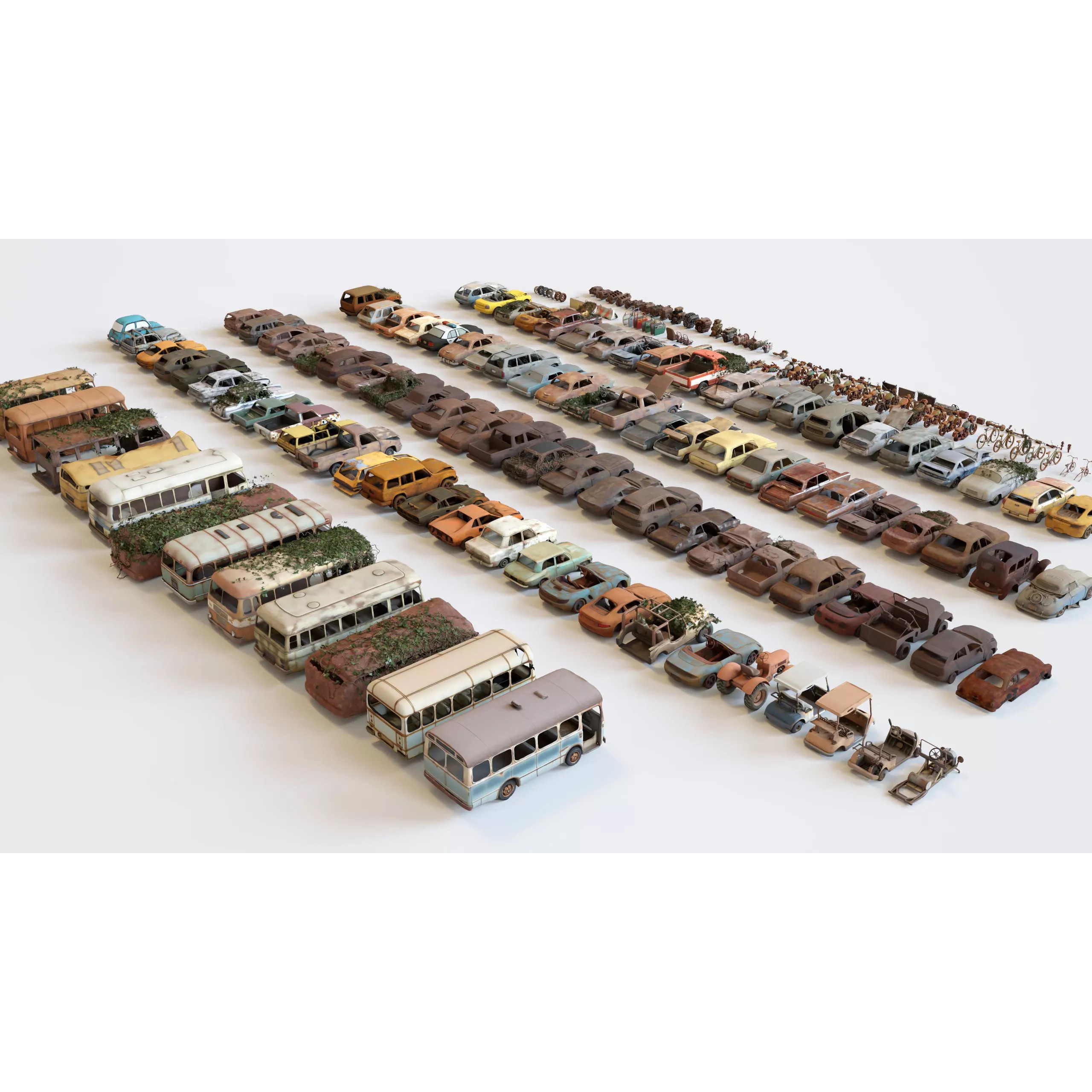 Old Abandoned Rusty Vehicles - Low-Poly Game-Ready 3D Model - View 3