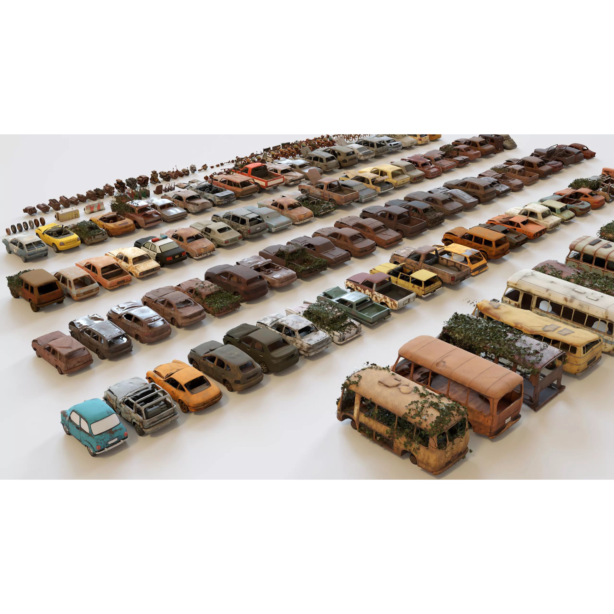 Old Abandoned Rusty Vehicles - Low-Poly Game-Ready 3D Model - View 4