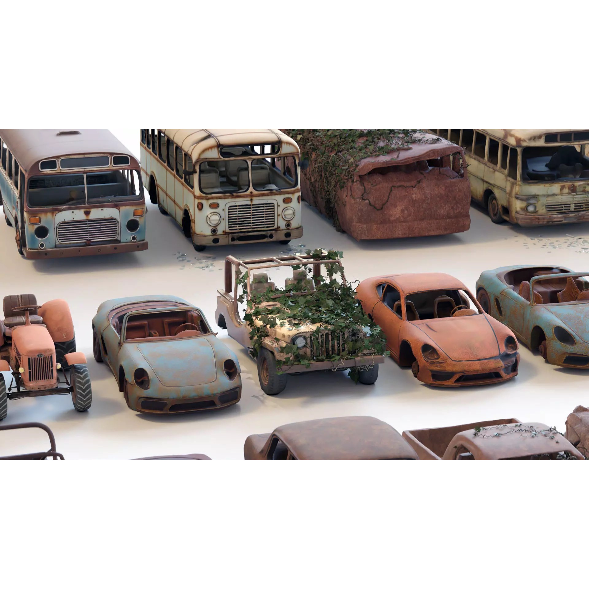 Old Abandoned Rusty Vehicles - Low-Poly Game-Ready 3D Model - View 9