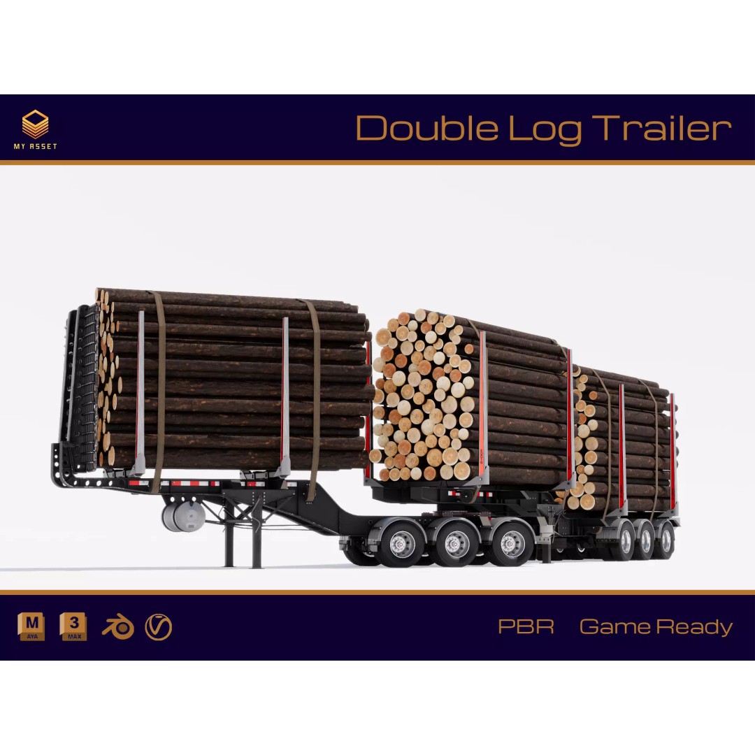 Double Log Trailer 3D Model – High Detail PBR Texture Asset, FBX - View 2