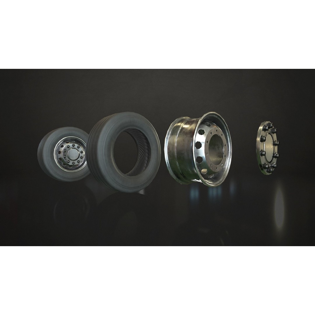 Truck Wheels 3D Model – Low Poly Game Ready Rims and Tires, FBX - View 10