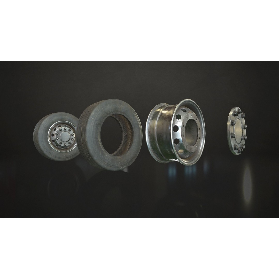 Truck Wheels 3D Model – Low Poly Game Ready Rims and Tires, FBX - View 11