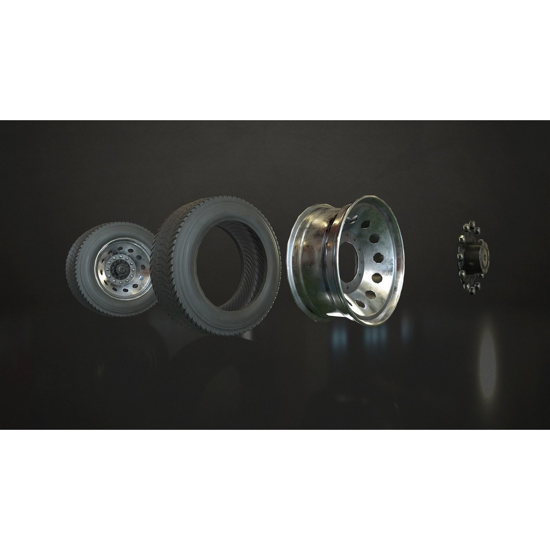 Truck Wheels 3D Model – Low Poly Game Ready Rims and Tires, FBX - View 12