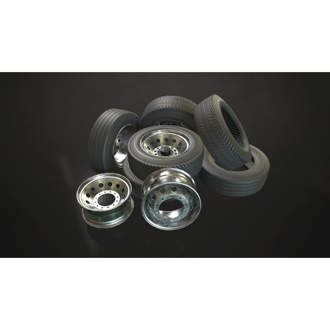 Truck Wheels 3D Model – Low Poly Game Ready Rims and Tires, FBX - View 3