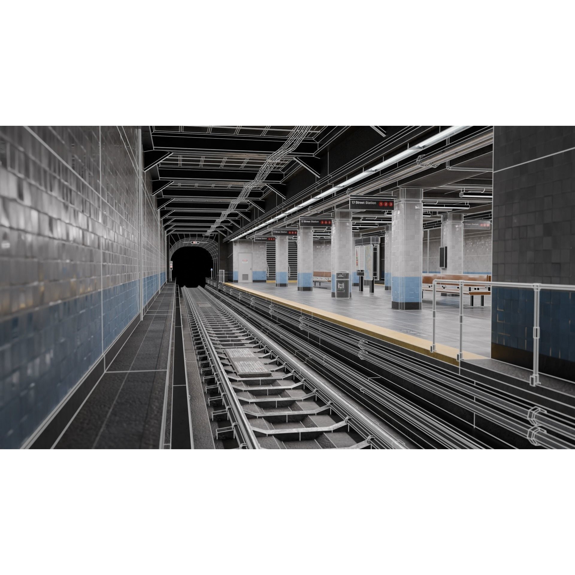 NYC Style Subway Platform - Low-Poly Game-Ready 3D Model - View 3
