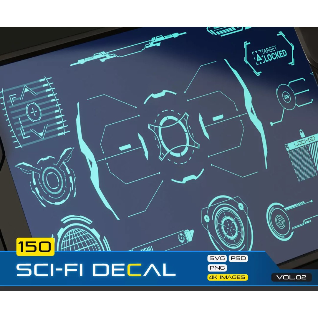 150 Sci-Fi UI-HUD Decals – 4K Textures for Game Development, PNG, PSD - View 2