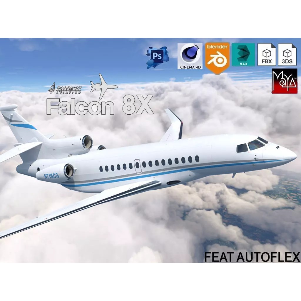 Dassault Falcon 8X 3D Model – Low Poly Aircraft, Game Ready FBX - View 2