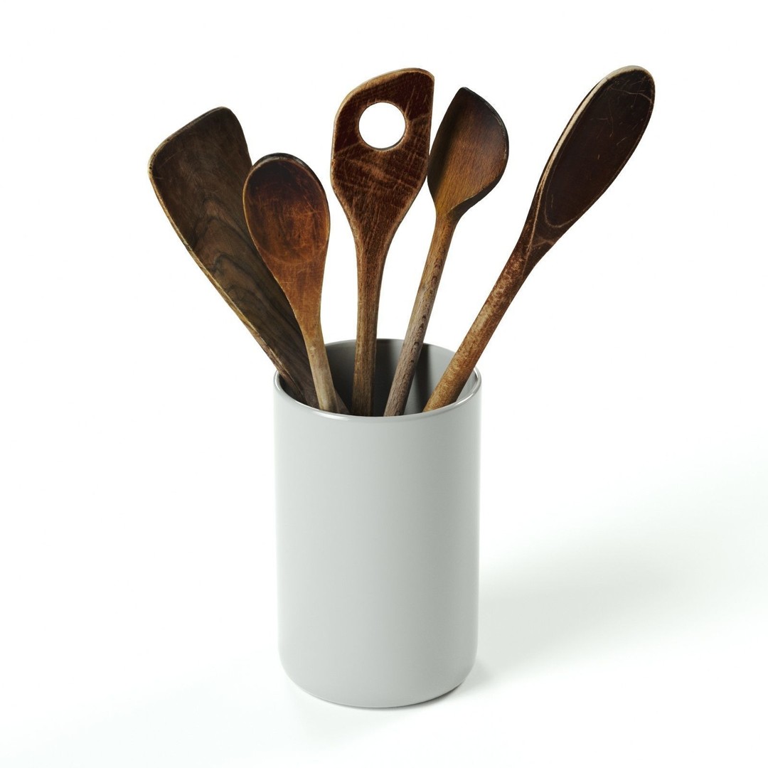 Wooden Kitchen Tools Set 3D Model – Vintage Cooking Utensils, FBX, OBJ - View 3