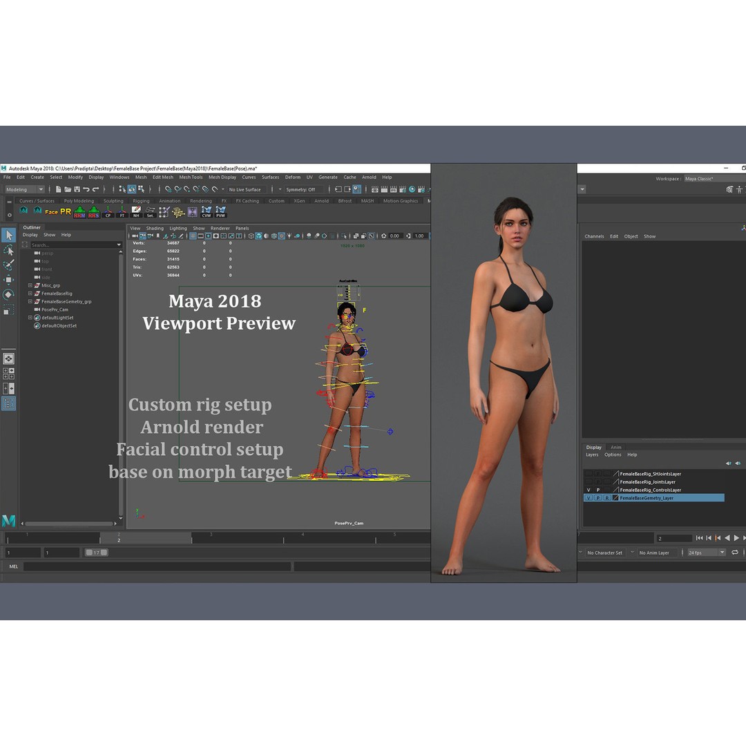 Female Base 3D Model – Low Poly Rigged Character for Animation - View 16