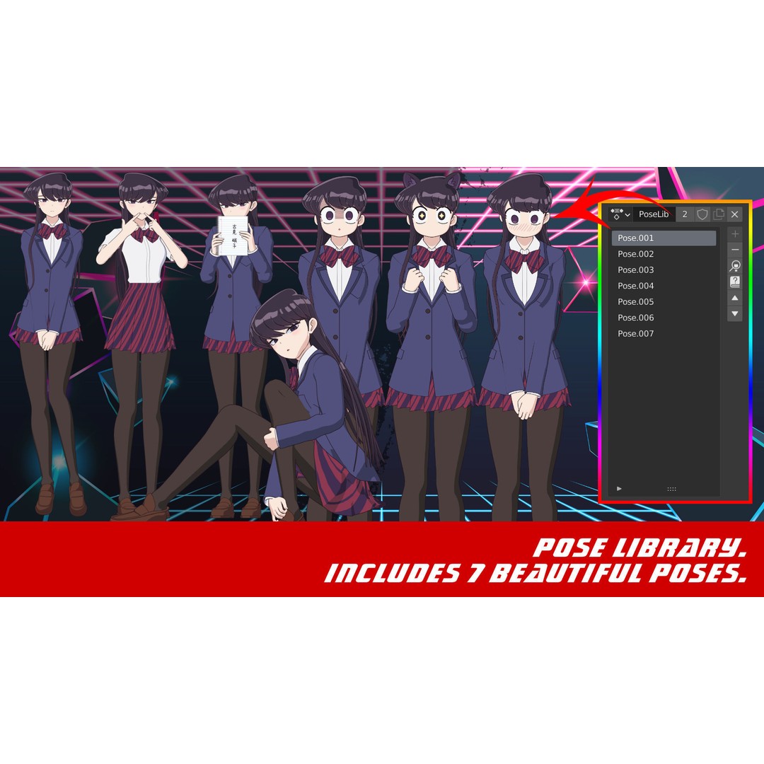 Komi Shouko 3D Model – Low Poly Character Rigged for Blender - View 9