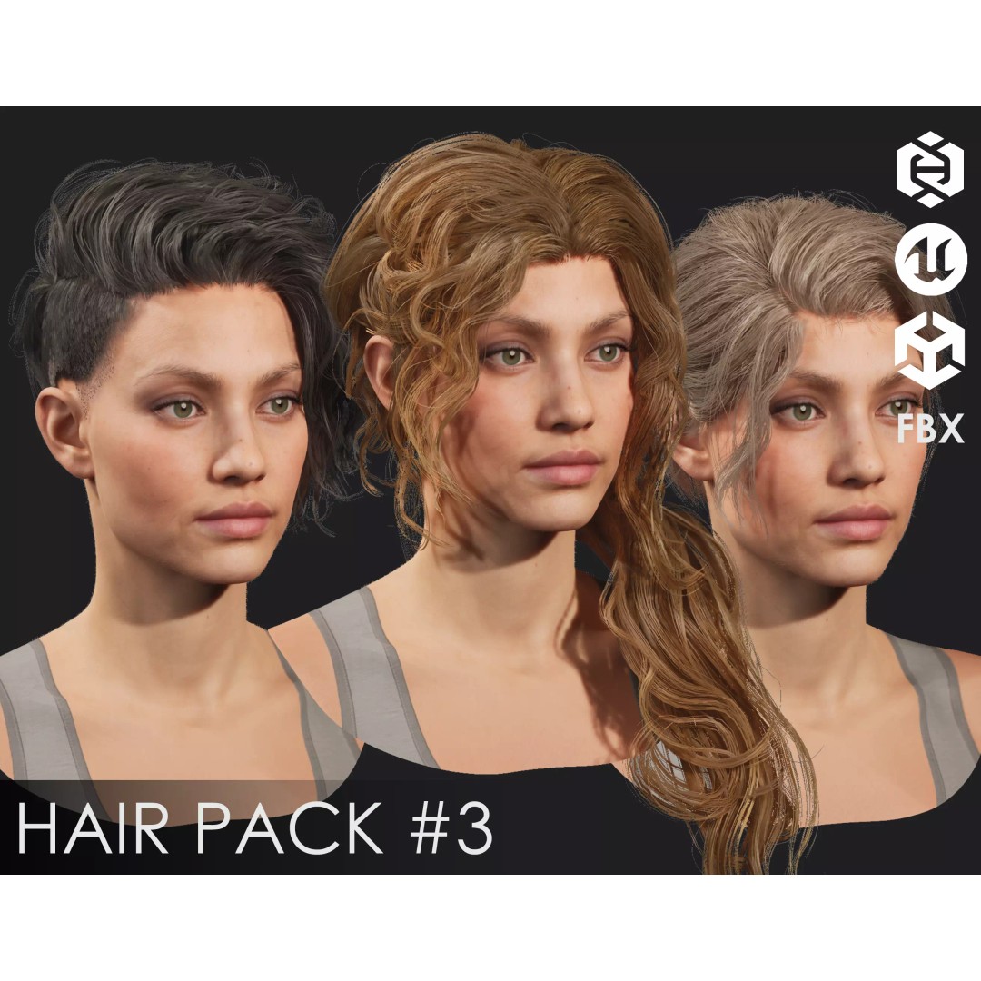 Realistic Female Hairstyles 3D Model – Low Poly Game-Ready Pack, FBX - View 2