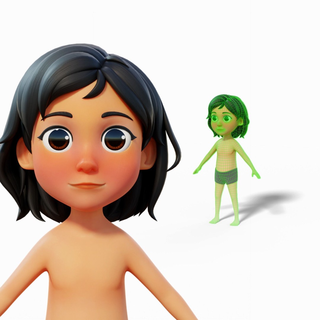 Cartoon Kid Female 3D Model – Stylized Base Mesh with PBR Textures