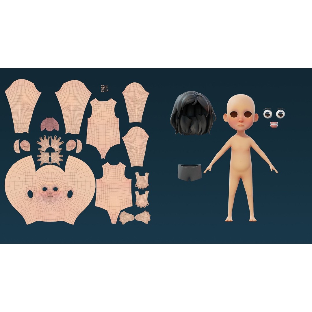 Cartoon Kid Female 3D Model – Stylized Base Mesh with PBR Textures - View 11