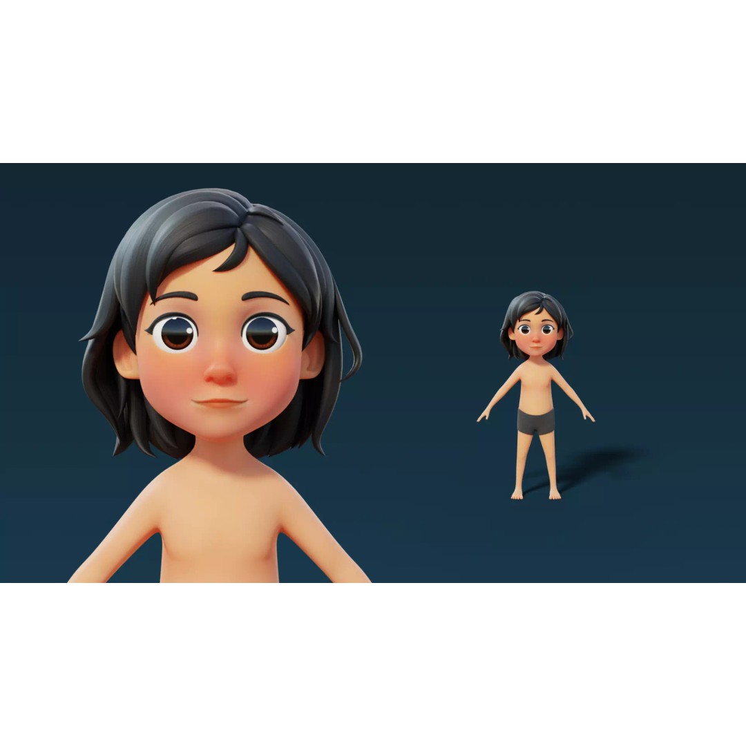 Cartoon Kid Female 3D Model – Stylized Base Mesh with PBR Textures - View 2