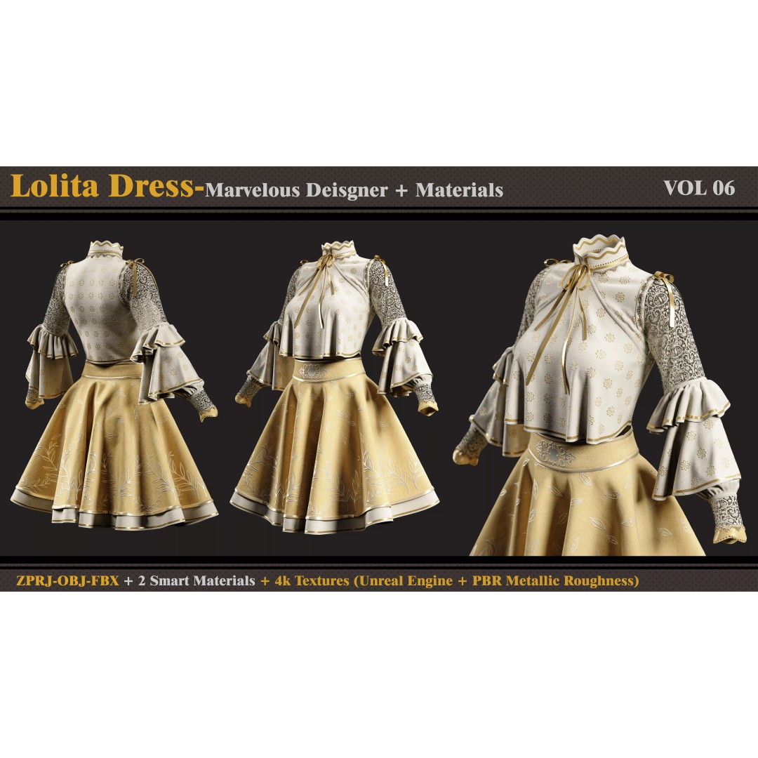 Lolita Dress 3D Model – Elegant Costume with PBR Textures, FBX & OBJ - View 2