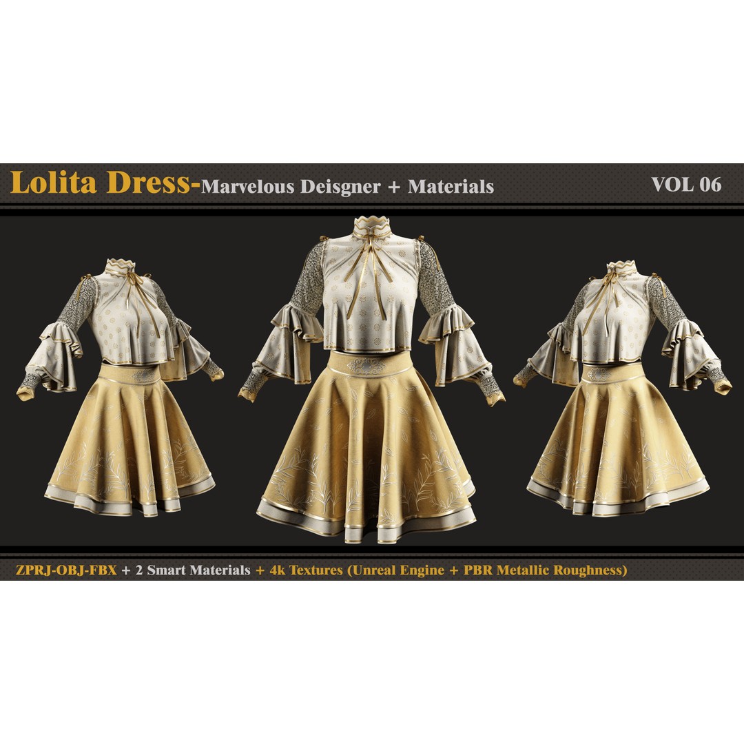 Lolita Dress 3D Model – Elegant Costume with PBR Textures, FBX & OBJ - View 4