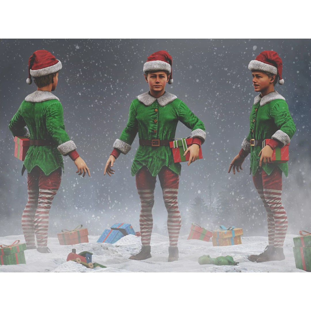 Christmas Elf 3D Model – Low Poly Rigged Character with PBR Textures - View 2