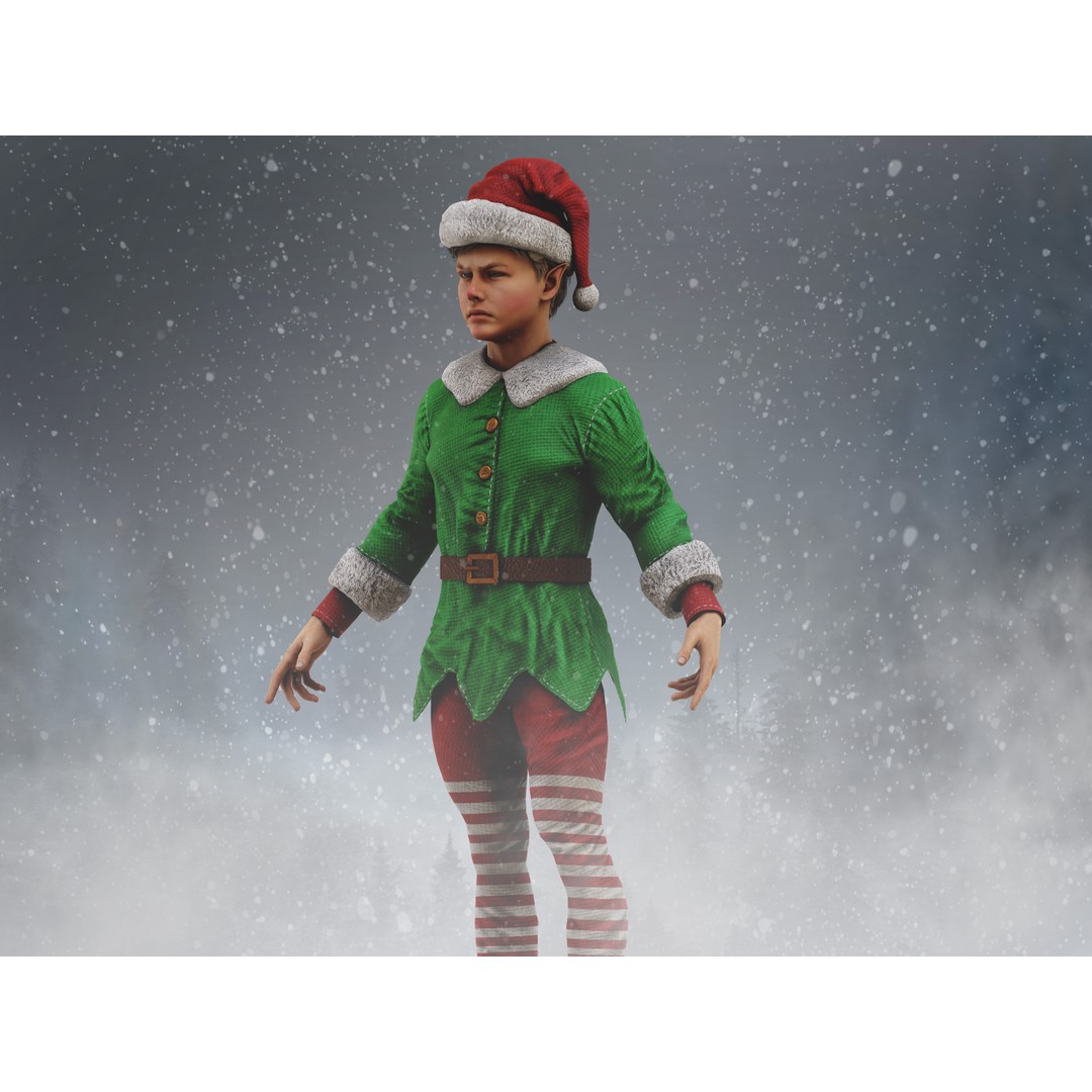 Christmas Elf 3D Model – Low Poly Rigged Character with PBR Textures - View 4