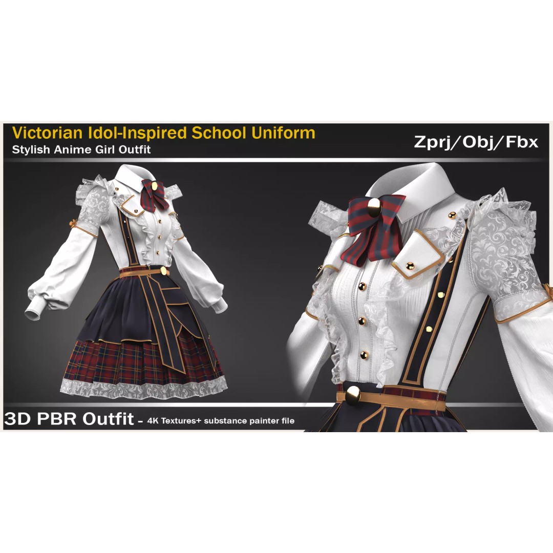 Victorian Idol School Uniform 3D Model – High Poly Character Clothing, FBX & OBJ - View 2