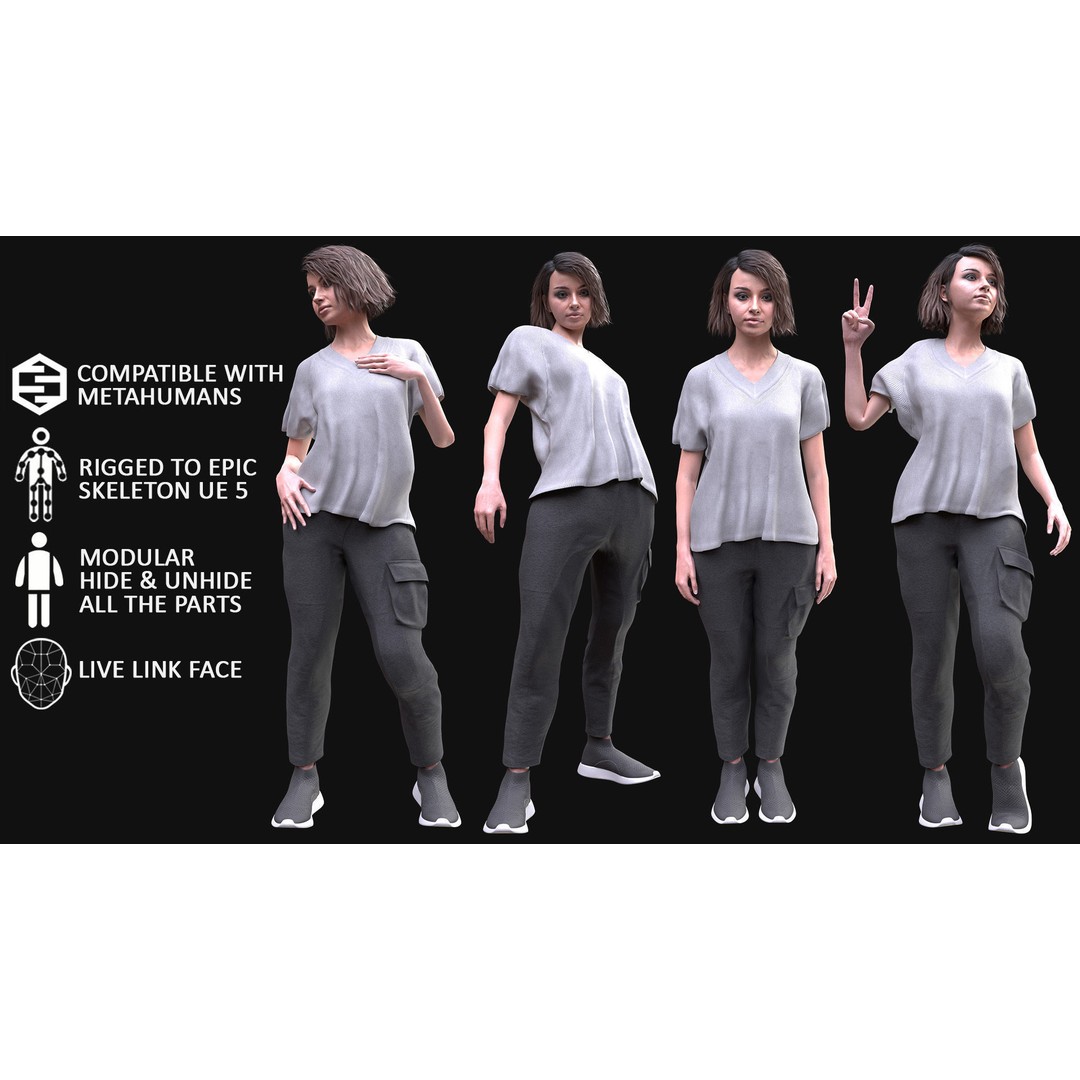 Woman Casual Outfit 3D Model – Modular Rigged Low-Poly for Unreal Engine - View 3