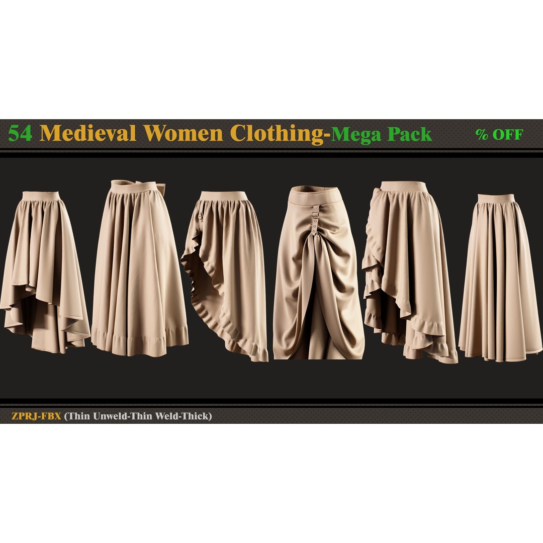 Medieval Women Clothing 3D Model – Mega Pack of 54 Outfits, FBX