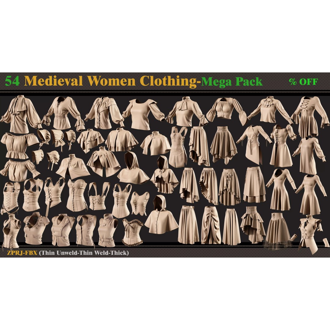Medieval Women Clothing 3D Model – Mega Pack of 54 Outfits, FBX - View 2