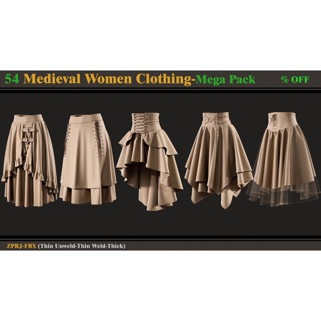 Medieval Women Clothing 3D Model – Mega Pack of 54 Outfits, FBX - View 3