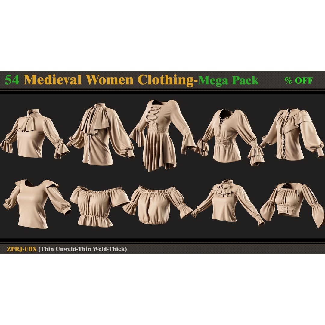 Medieval Women Clothing 3D Model – Mega Pack of 54 Outfits, FBX - View 4
