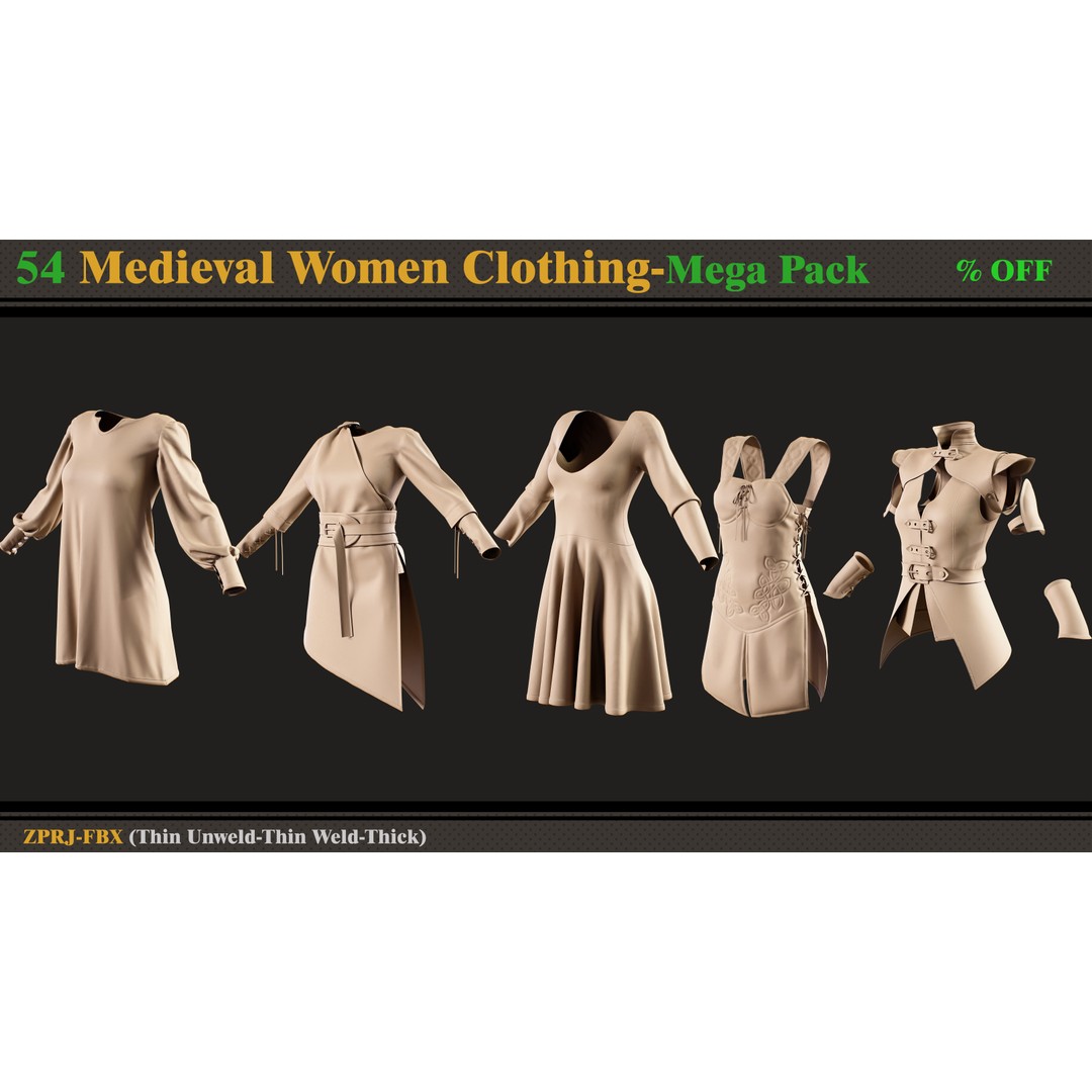 Medieval Women Clothing 3D Model – Mega Pack of 54 Outfits, FBX - View 5