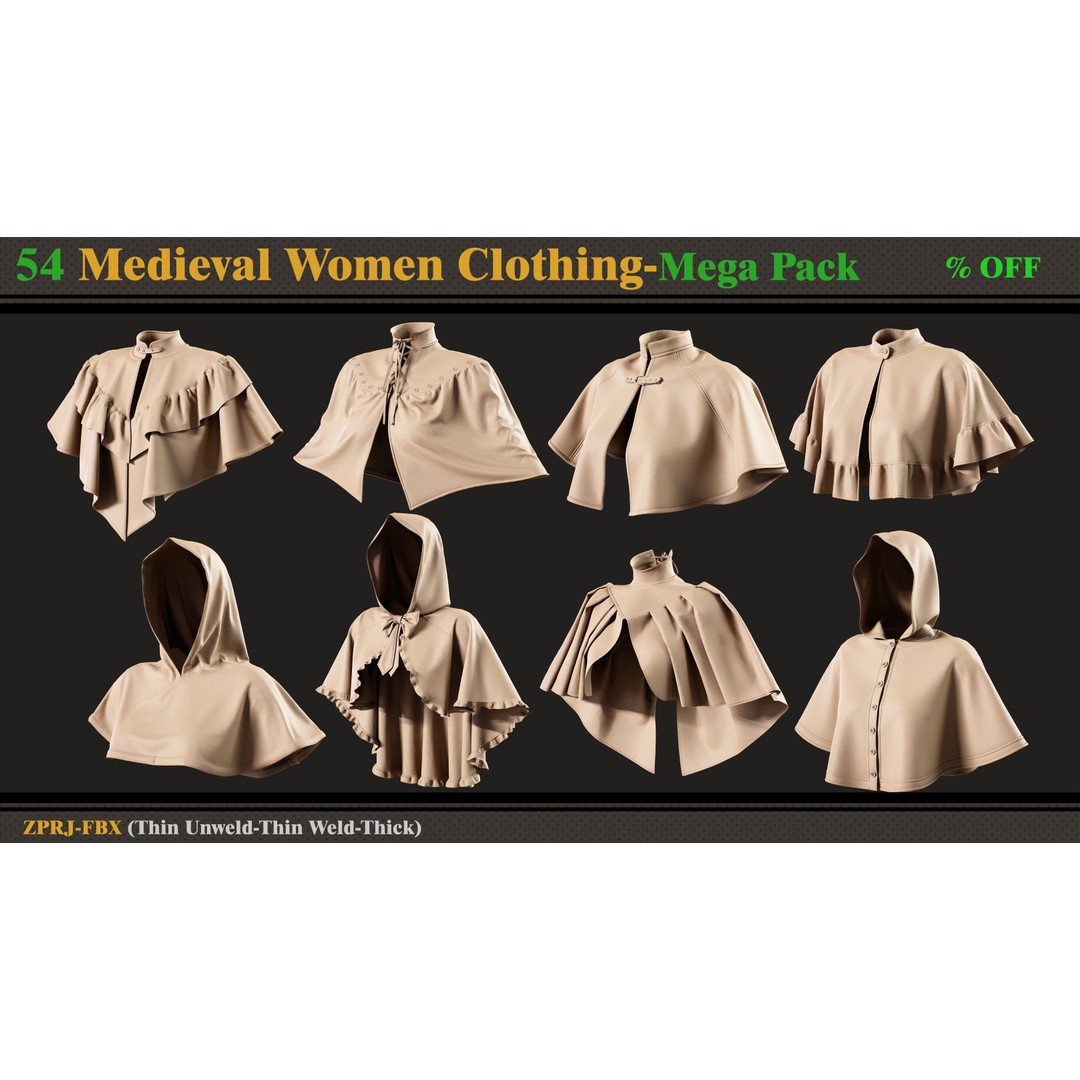 Medieval Women Clothing 3D Model – Mega Pack of 54 Outfits, FBX - View 6