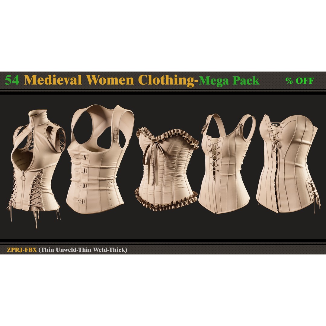 Medieval Women Clothing 3D Model – Mega Pack of 54 Outfits, FBX - View 7