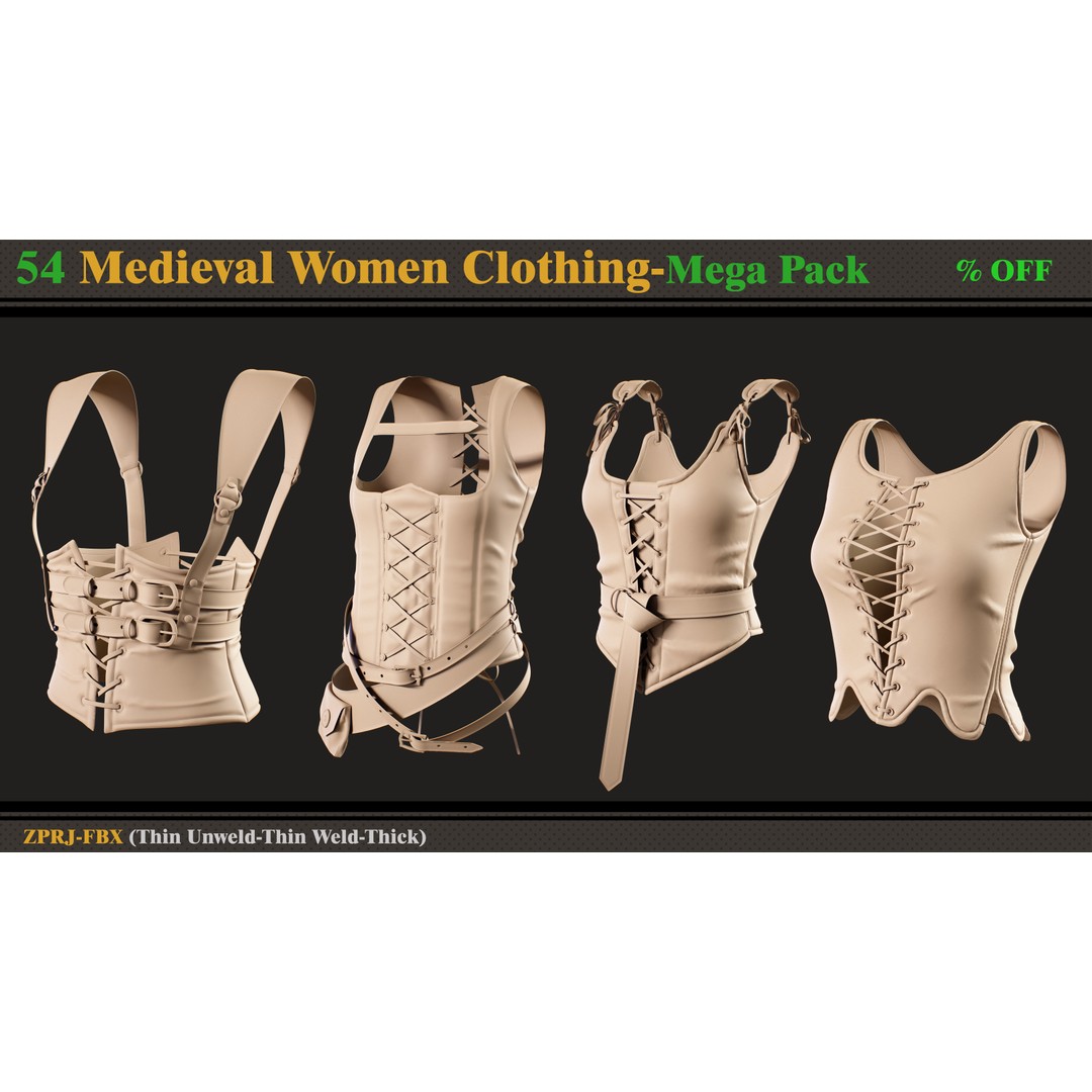 Medieval Women Clothing 3D Model – Mega Pack of 54 Outfits, FBX - View 8