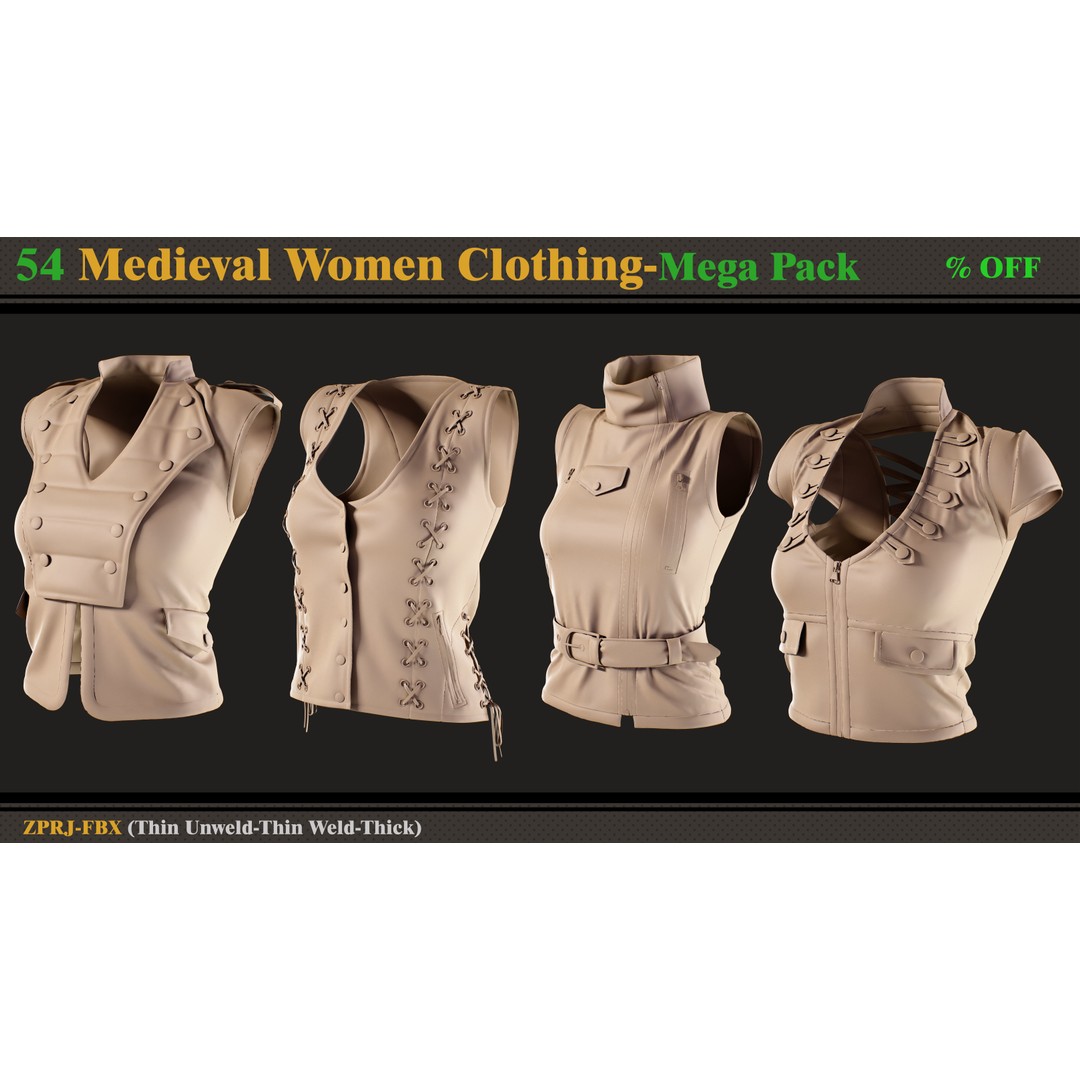 Medieval Women Clothing 3D Model – Mega Pack of 54 Outfits, FBX - View 9