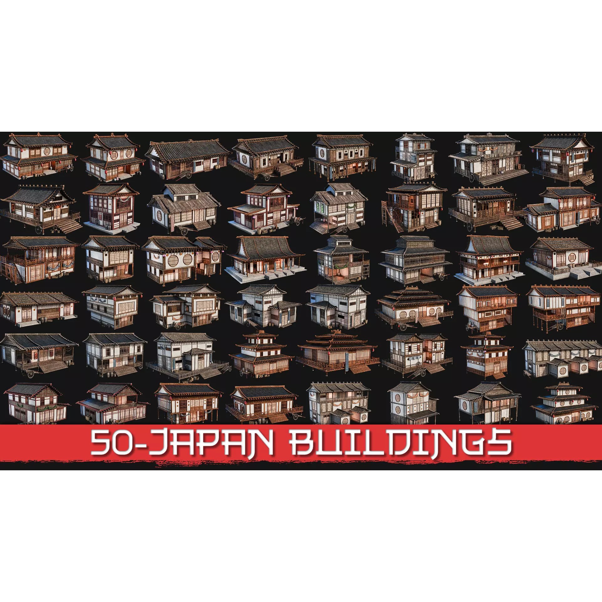 50 Japan Buildings - Low-Poly Game-Ready 3D Model - View 2