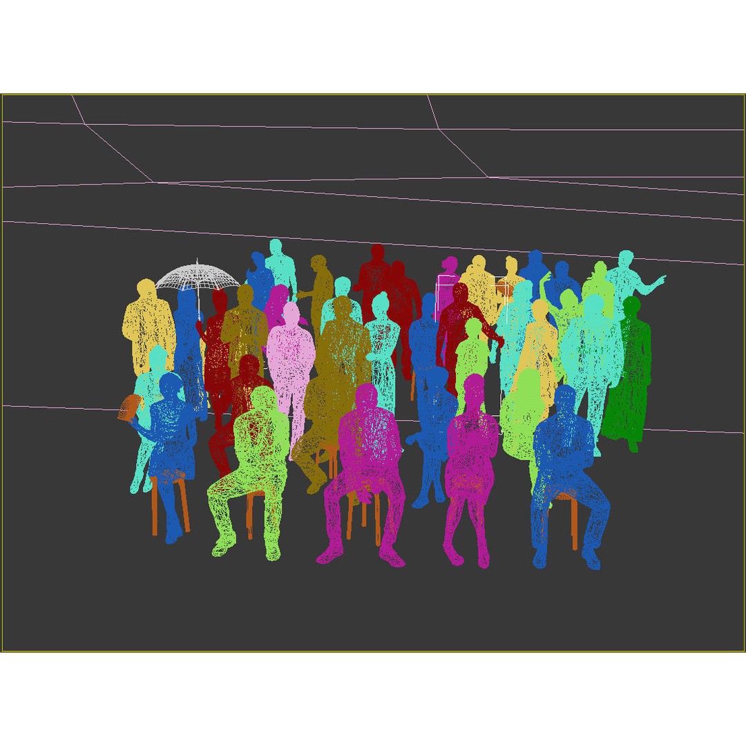 Crowd Scanned Sitting People 3D Model – Low Poly Casual Characters, FBX, OBJ