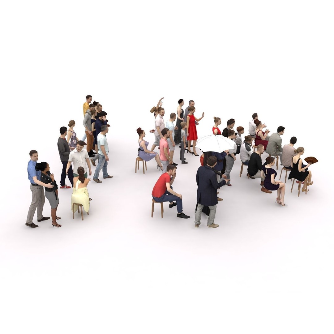 Crowd Scanned Sitting People 3D Model – Low Poly Casual Characters, FBX, OBJ - View 14