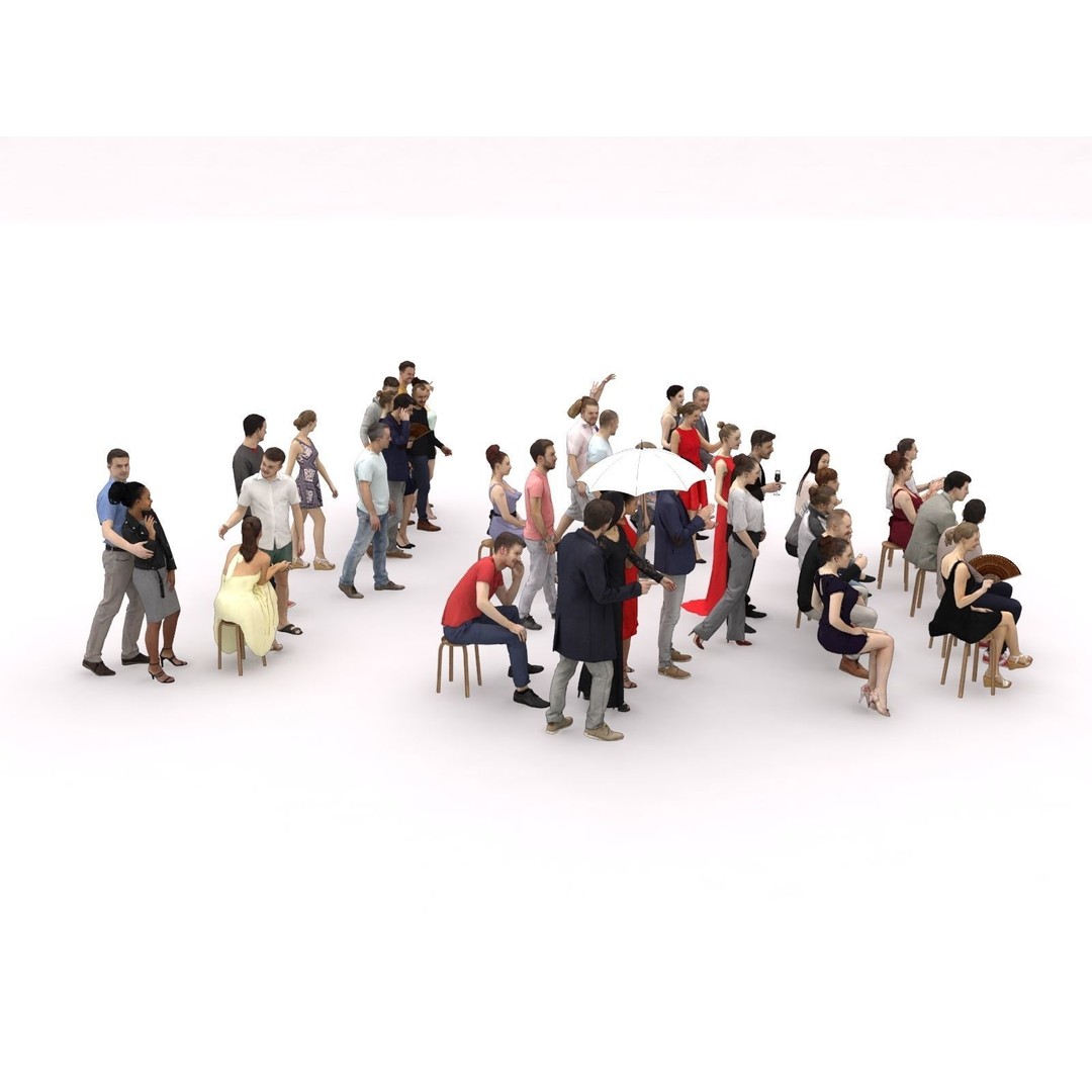Crowd Scanned Sitting People 3D Model – Low Poly Casual Characters, FBX, OBJ - View 15