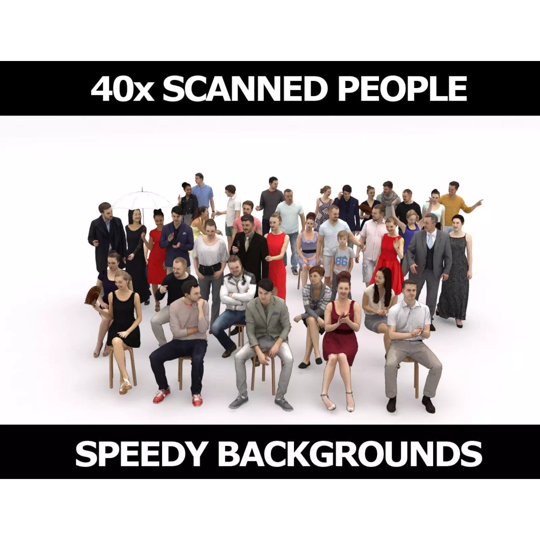 Crowd Scanned Sitting People 3D Model – Low Poly Casual Characters, FBX, OBJ - View 2
