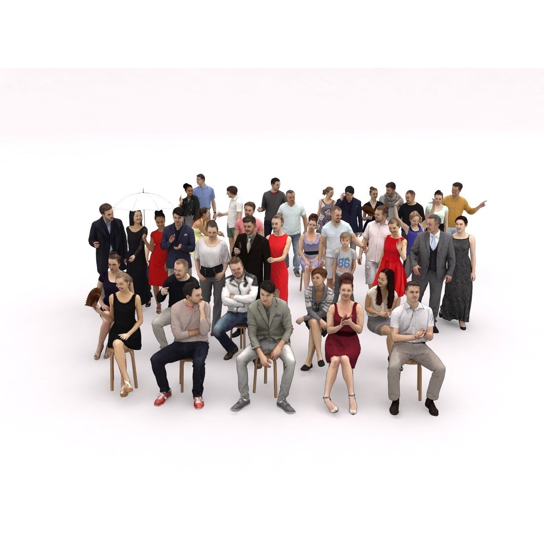 Crowd Scanned Sitting People 3D Model – Low Poly Casual Characters, FBX, OBJ - View 3