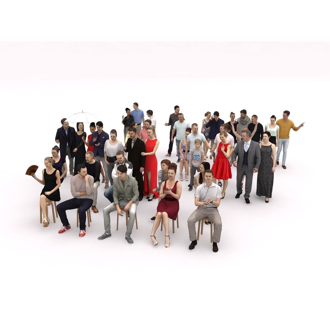 Crowd Scanned Sitting People 3D Model – Low Poly Casual Characters, FBX, OBJ - View 4