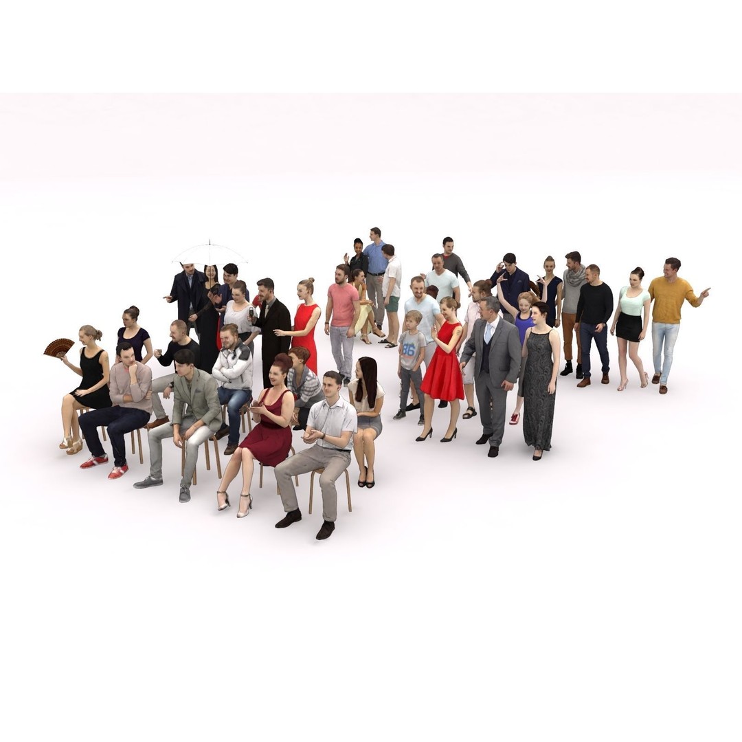 Crowd Scanned Sitting People 3D Model – Low Poly Casual Characters, FBX, OBJ - View 5