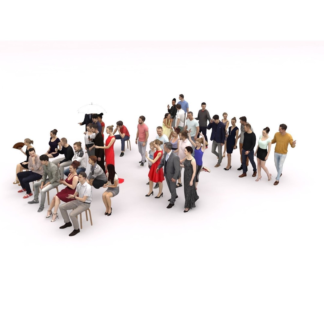 Crowd Scanned Sitting People 3D Model – Low Poly Casual Characters, FBX, OBJ - View 6