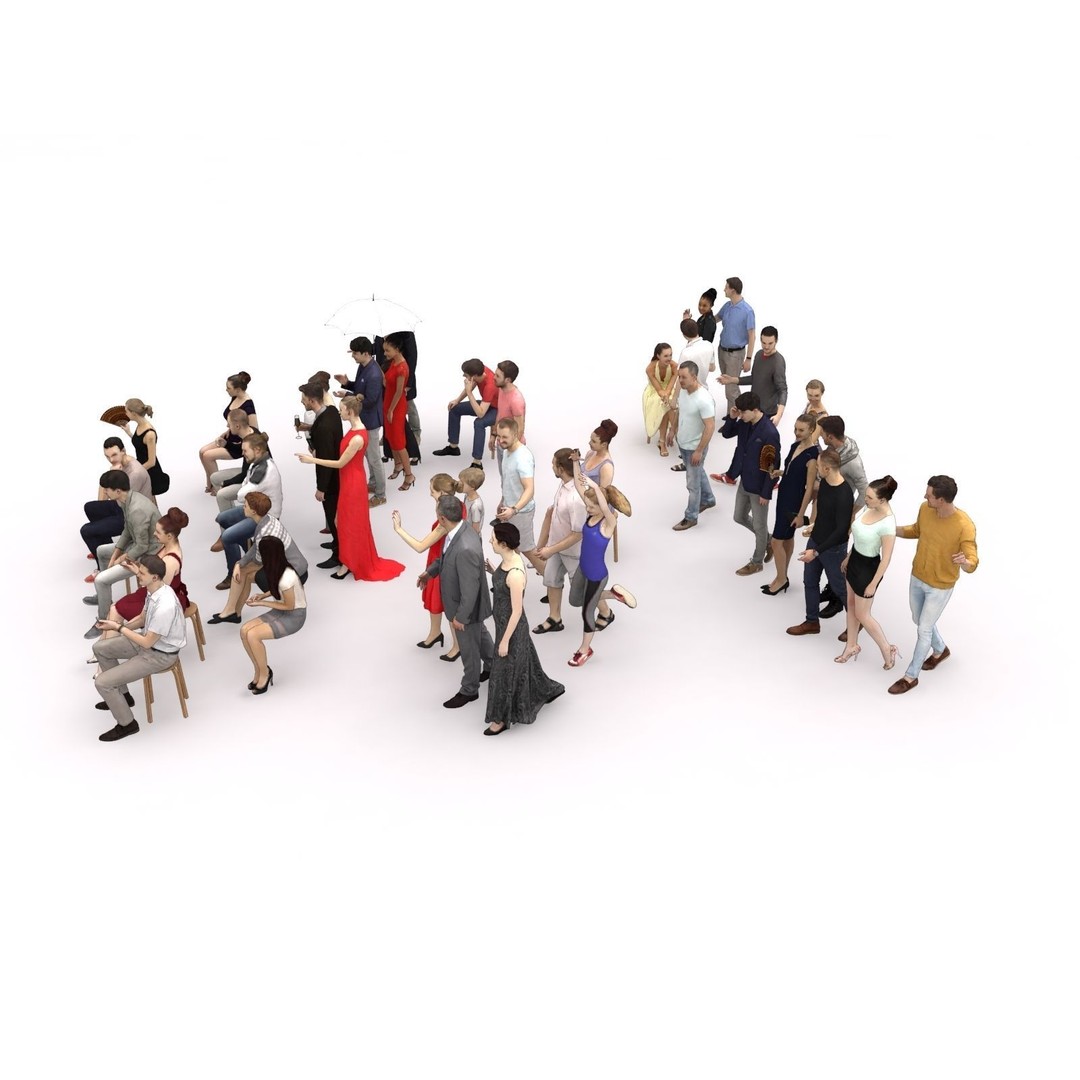 Crowd Scanned Sitting People 3D Model – Low Poly Casual Characters, FBX, OBJ - View 7
