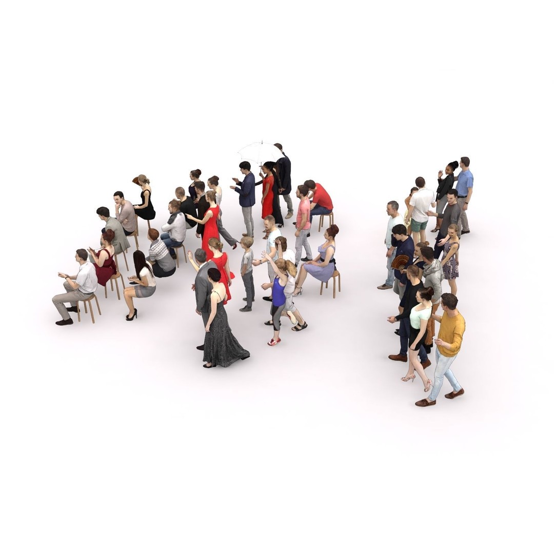 Crowd Scanned Sitting People 3D Model – Low Poly Casual Characters, FBX, OBJ - View 8