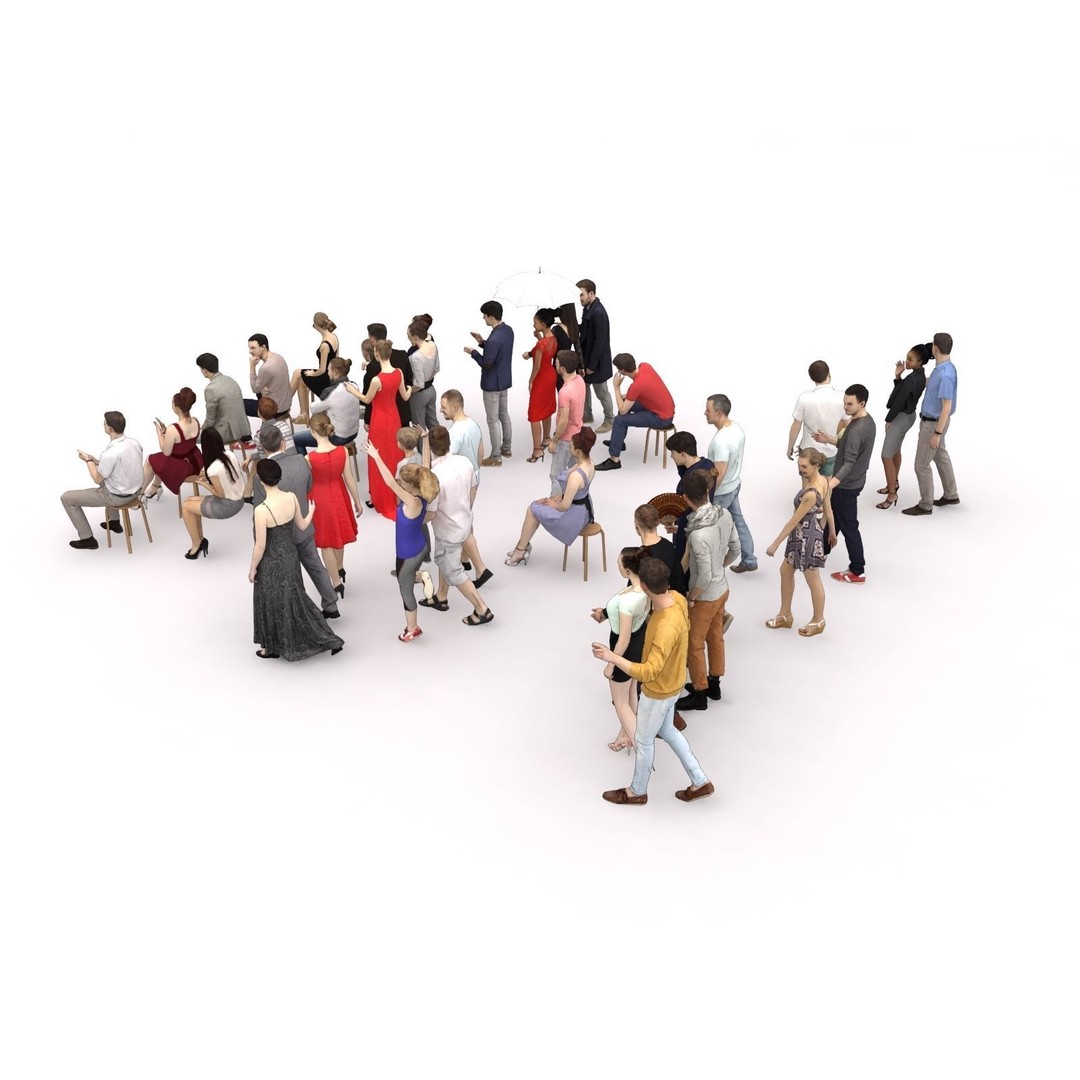 Crowd Scanned Sitting People 3D Model – Low Poly Casual Characters, FBX, OBJ - View 9