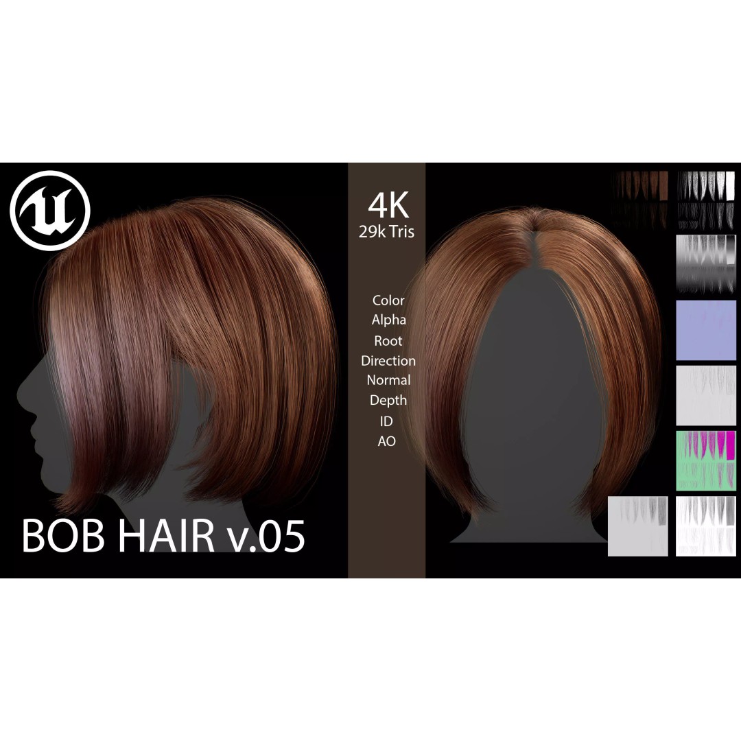 Female Bob Hairstyle 3D Model – Low Poly Game-Ready Hair Asset, FBX - View 2