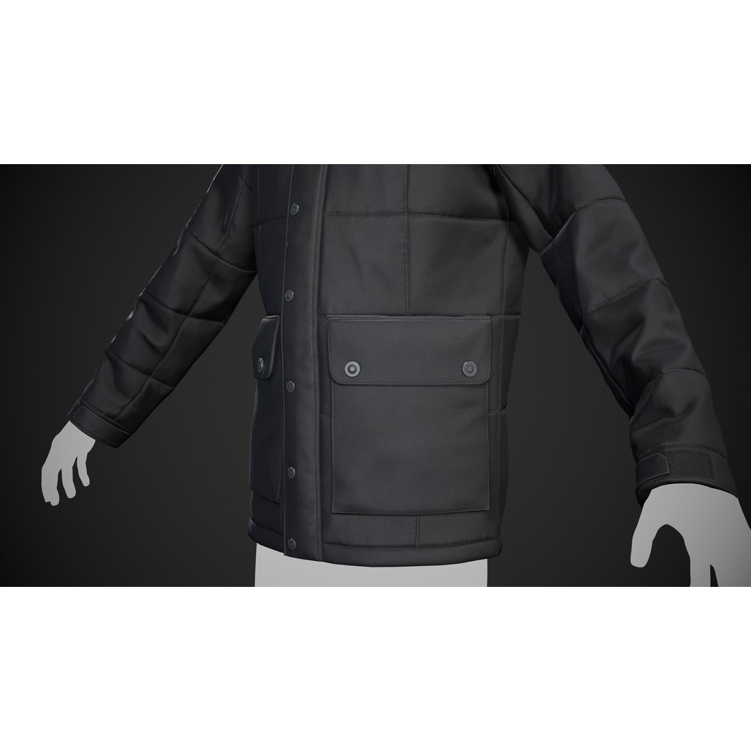 Black Winter Jacket 3D Model – Low Poly PBR Asset, FBX, OBJ - View 10