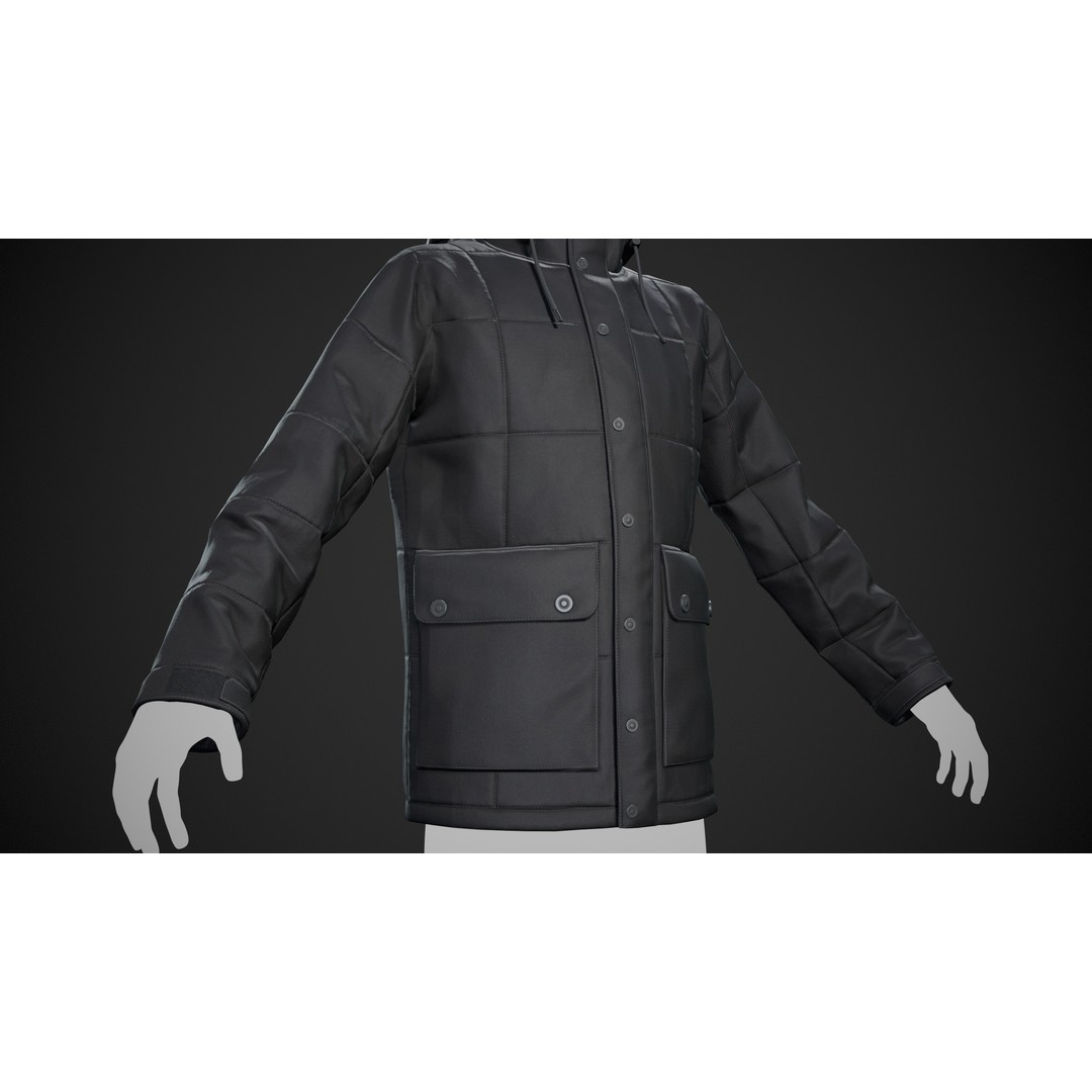 Black Winter Jacket 3D Model – Low Poly PBR Asset, FBX, OBJ - View 12